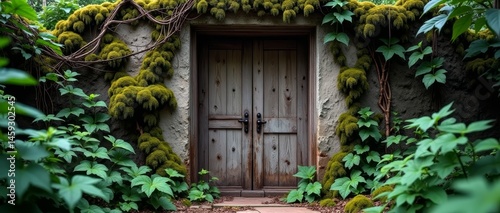 Mosscovered door in a lush garden photo