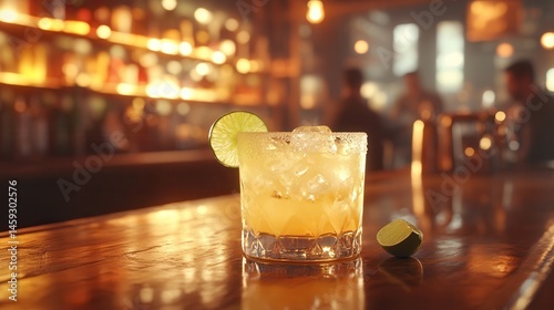 Golden Margarita Cocktail on Wooden Bar Top