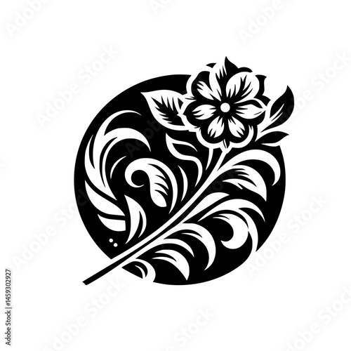 Elegant Black and White Floral Silhouette on Circular Background