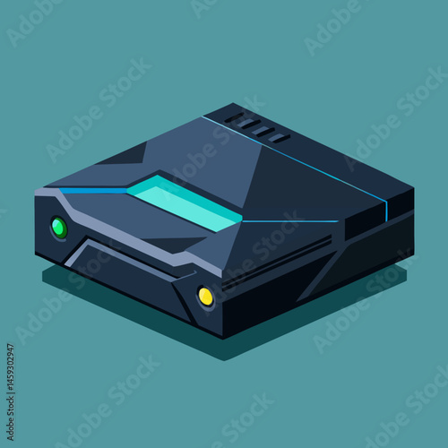 Isometric view of a video game console glowing with a blue light, showcasing its sleek design and modern features.