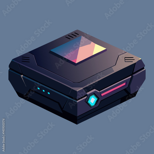 Isometric view of a video game console glowing with a blue light, showcasing its sleek design and modern features.