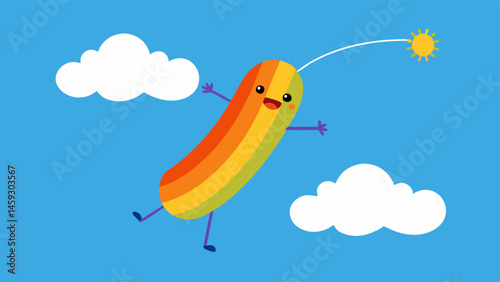 Playful Hot Dog in the Sky A happy hot dog with a playful expression clutching the tail of a kite designed with rainbow stripes. The kite flutters above it as they float through a