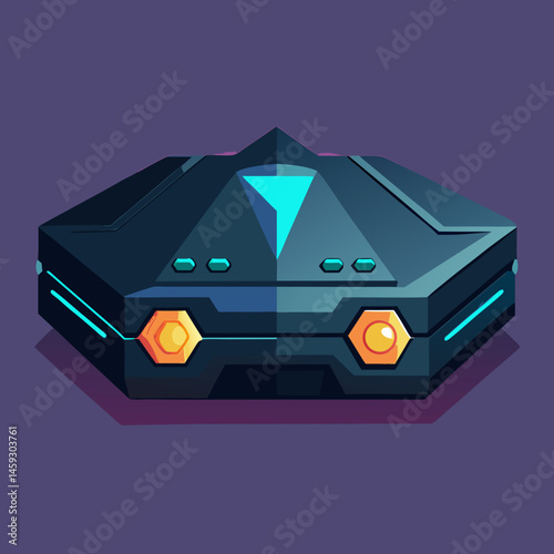 Isometric view of a video game console glowing with a blue light, showcasing its sleek design and modern features.