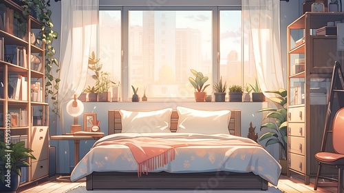 cozy bedroom with bed, bookshelf and window view, colorful anime style