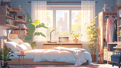 cozy bedroom with bed, bookshelf and window view, colorful anime style