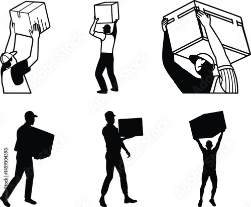delivery man silhouette, carrying a box, delivery man line art icon illustration.