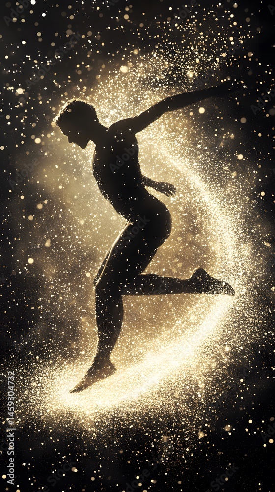 Fototapeta premium Golden Leap of Faith: A dynamic silhouette of a dancer leaps gracefully, leaving a sparkling golden trail. The image evokes a sense of freedom, energy, and limitless potential.