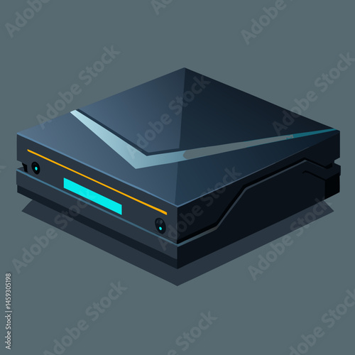 Isometric view of a video game console glowing with a blue light, showcasing its sleek design and modern features.
