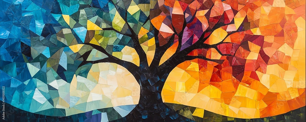 Geometric cubism oak tree painting, abstract expression with modern flair, angular foliage and trunk design, vivid color blocks, perfect for art prints and wall posters