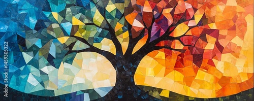 Obraz na płótnie Geometric cubism oak tree painting, abstract expression with modern flair, angular foliage and trunk design, vivid color blocks, perfect for art prints and wall posters w salonie