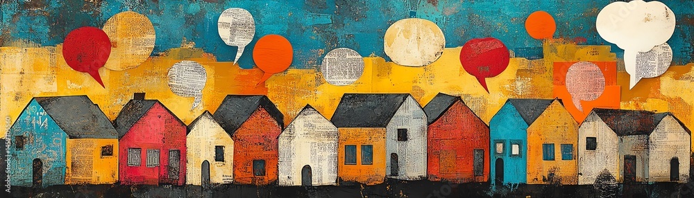 Whimsical abstract village of houses, mixed media textures of newspaper, vintage paper, and fabric, speech bubbles with freehand scribbles, artistic and textured illustration