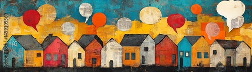 Whimsical abstract village of houses, mixed media textures of newspaper, vintage paper, and fabric, speech bubbles with freehand scribbles, artistic and textured illustration