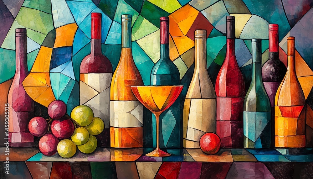 Abstract still life painting of wine bottles and grapes.