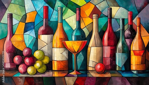 Obraz na płótnie Abstract still life painting of wine bottles and grapes. w salonie