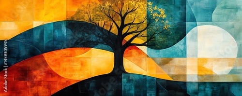 Abstract tree art, vibrant colors, nature landscape.