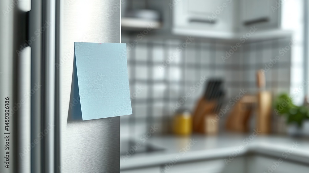 custom made wallpaper toronto digitalLight Blue Sticky Note on Stainless Steel Refrigerator in Modern Kitchen