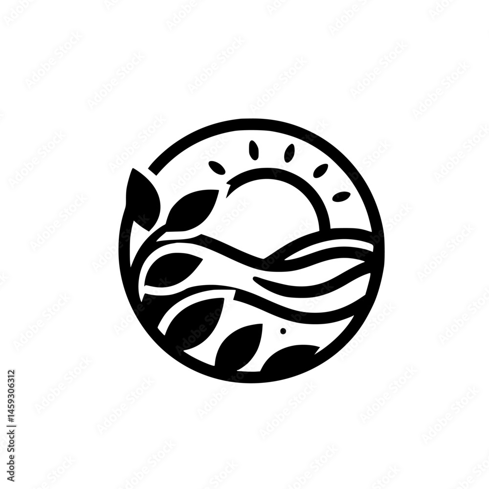 Obraz premium Minimalist Nature Logo: Sunrise, Waves, and Leaves