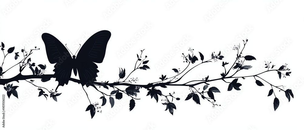 Silhouette butterfly on blooming branch.