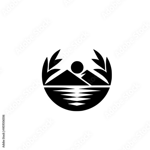 Minimalist Black and White Landscape Logo: Mountains, Sun, Water, and Foliage