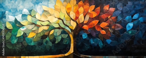Obraz na płótnie Abstract tree painting, vibrant colors, nature art. w salonie