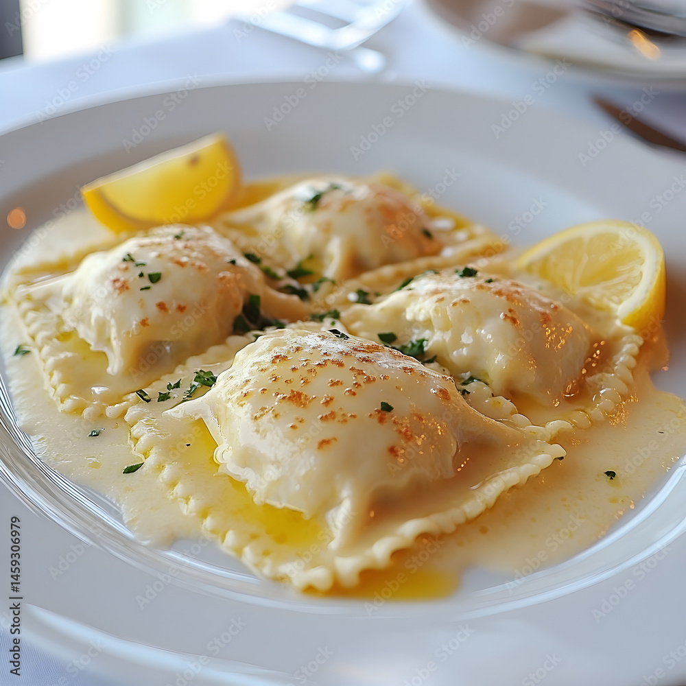A Cheesy Crab Raviioli with a Lemon Cream Sauce A Cheesy Crab Raviioli with a Lemon Cream Sauce