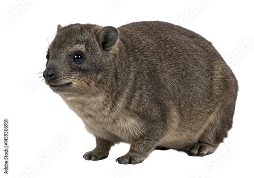 Rock hyrax stares ahead a furry compact mammal against a black backdrop