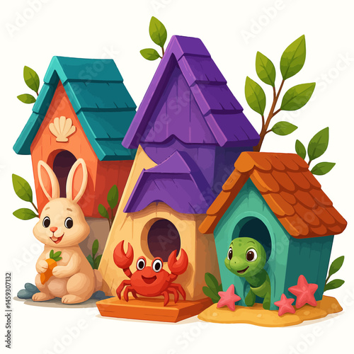 Cartoon Animals with Birdhouses Illustration Featuring a Rabbit Crab and Turtle