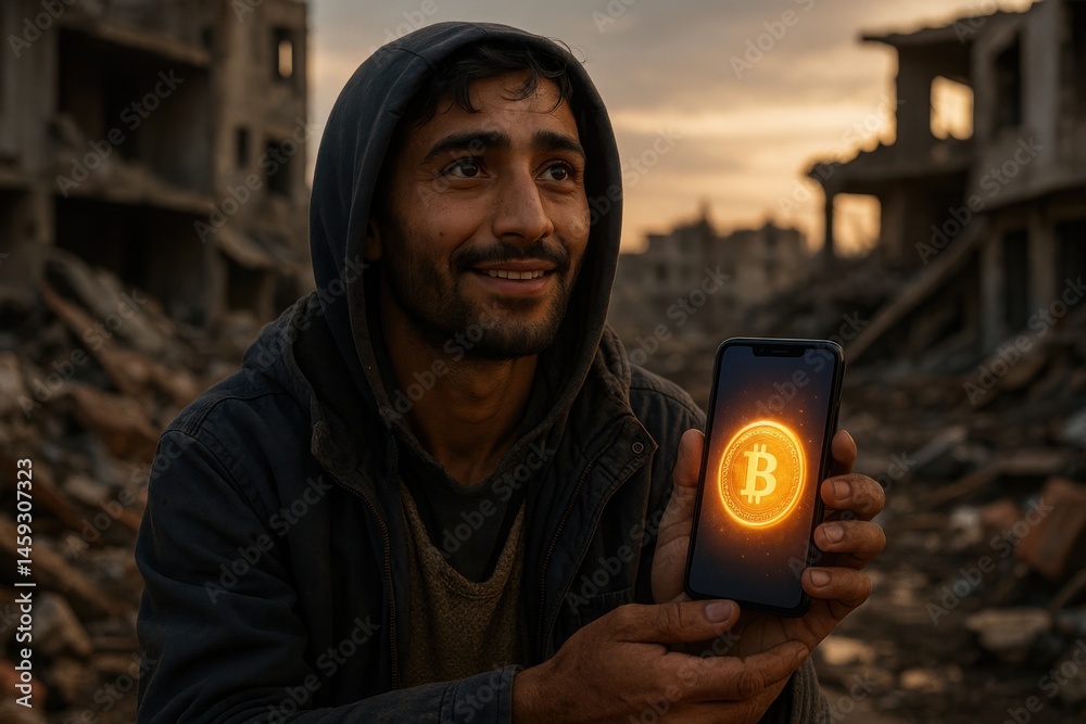 Refugee receives crypto funds by phone amid destroyed buildings. AI-generated