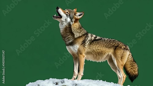 A lone wolf howls, standing tall on a snowy mound against a solid green backdrop.  Its fur is a mix of brown and gray, its expression alert and wild