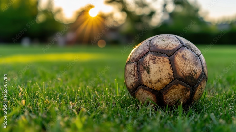 Fototapeta premium Evening sunlight reflecting on leather football placed on well-trimmed grass field