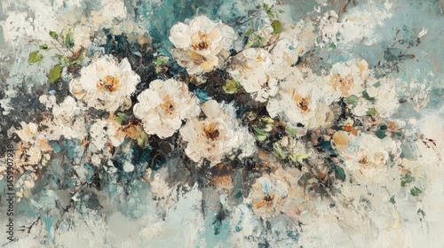A painting of delicate white blossoms against a teal background.