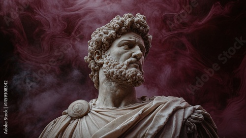 Majestic Marcus Aurelius Statue Captured in High Realism Amidst Swirling Burgundy Mist