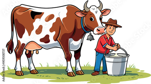 A cute cartoon dairy cow, a white farm animal, provides milk, a vector illustration of rural agriculture