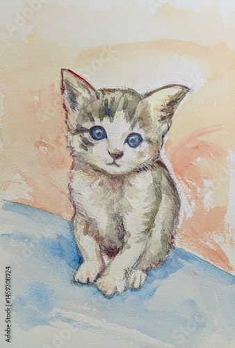 子猫が正面を向いている水彩イラスト