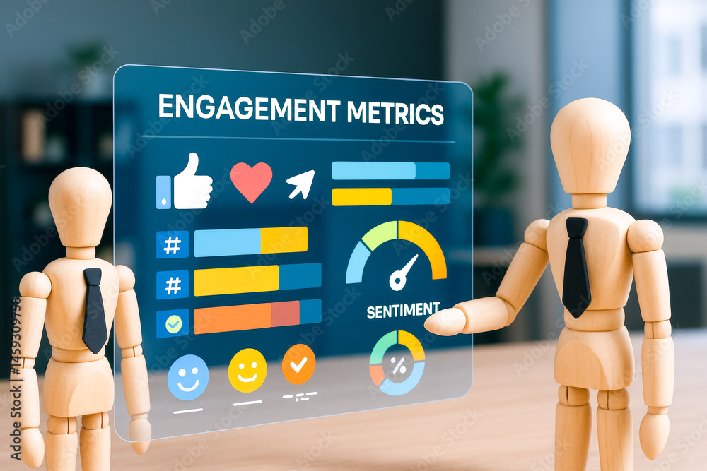 Screen shows business concepts with engagement metrics and sentiment ...