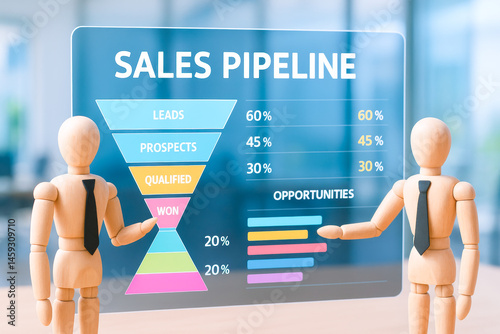 Screen shows business concepts with sales pipeline funnel and opportunities chart in modern office environment for teamwork and planning