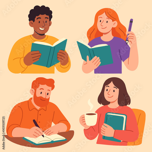 People Reading Studying and Writing Illustration with Books and Coffee