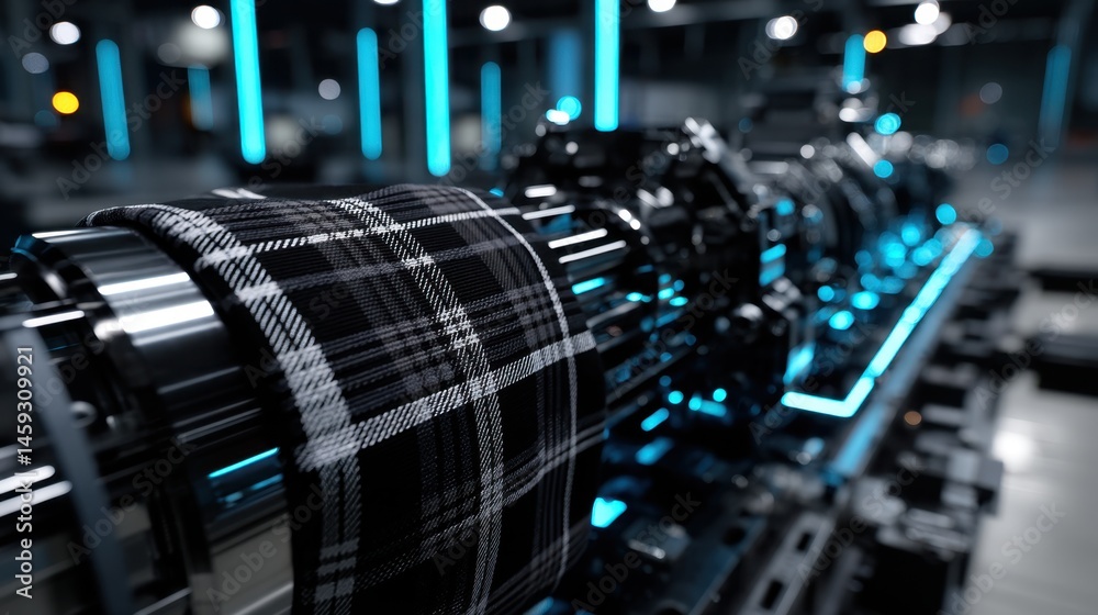 Fototapeta premium Close-up of black and white plaid fabric wrapped around shiny industrial machinery with blue accent lighting