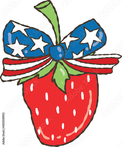 Retro America Strawberry PNG, Trendy 4th of July Strawberry vector, Retro hand-drawn 4th of July Strawberry cartoon