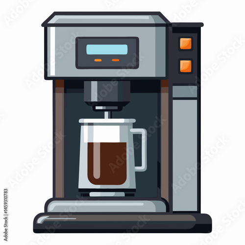 Coffee machine with a steaming coffee cup, illustrated in a simple and modern vector style.