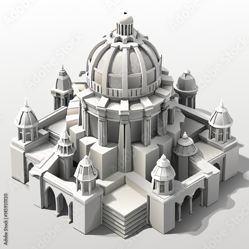 3D model of a white building featuring multiple towers against a clear background.