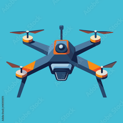A drone equipped with a camera, hovering against a clear blue sky.