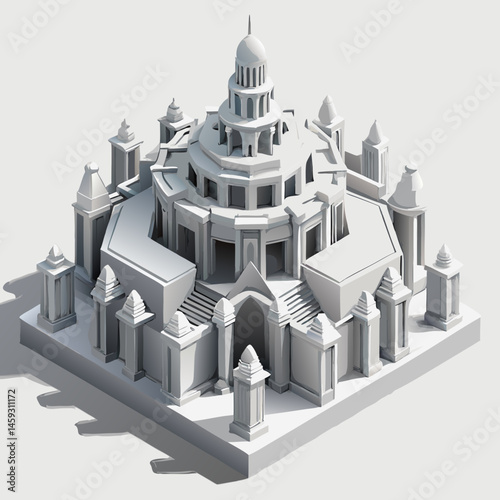 3D model of a white building featuring multiple towers against a clear background.