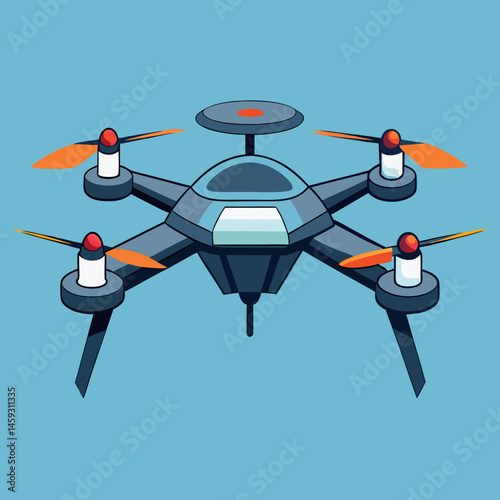 A drone equipped with a camera, hovering against a clear blue sky.