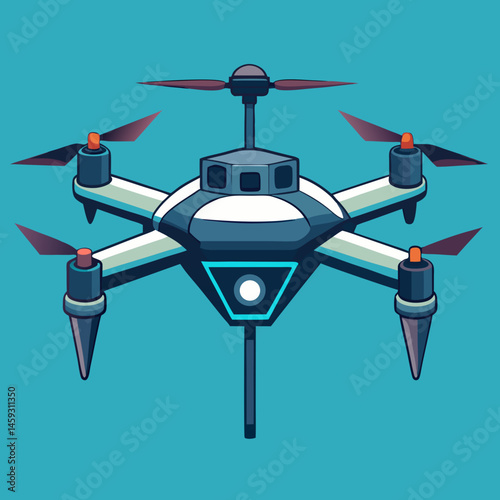 A drone equipped with a camera, hovering against a clear blue sky.