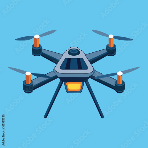 A drone equipped with a camera, hovering against a clear blue sky.