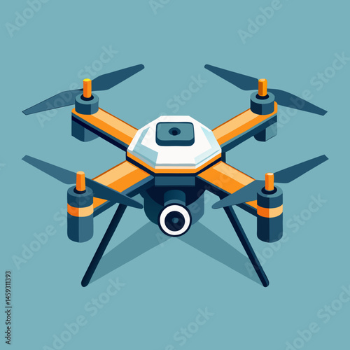 A drone equipped with a camera, hovering against a clear blue sky.
