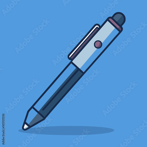 A purple pen resting on a vibrant blue background.