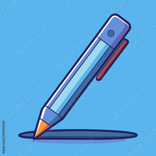 A purple pen resting on a vibrant blue background.