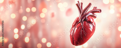 Abstract panoramic background with realistic human heart shape on it. Cardiology and health care concept.